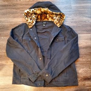 Navy Blue Forever 21 Fur Hood Denim Jacket Size XL